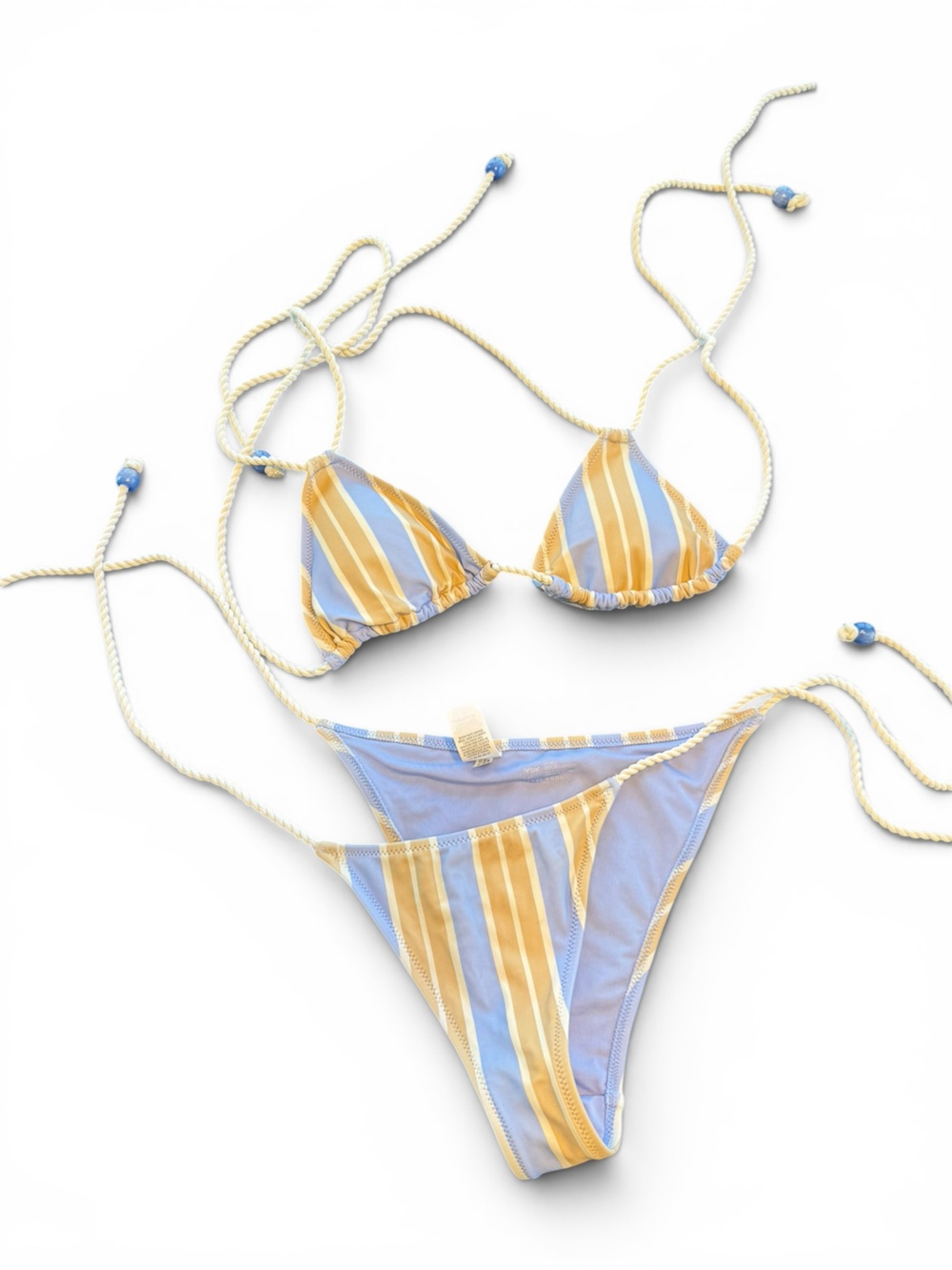 aerie Bikini Set: Blue/Tan Striped Triangle Top (Size XS) and Bottom (Size S)